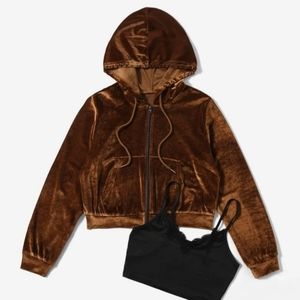 Zip-Up Velvet Hoodie w/ FREE Black Cami Top